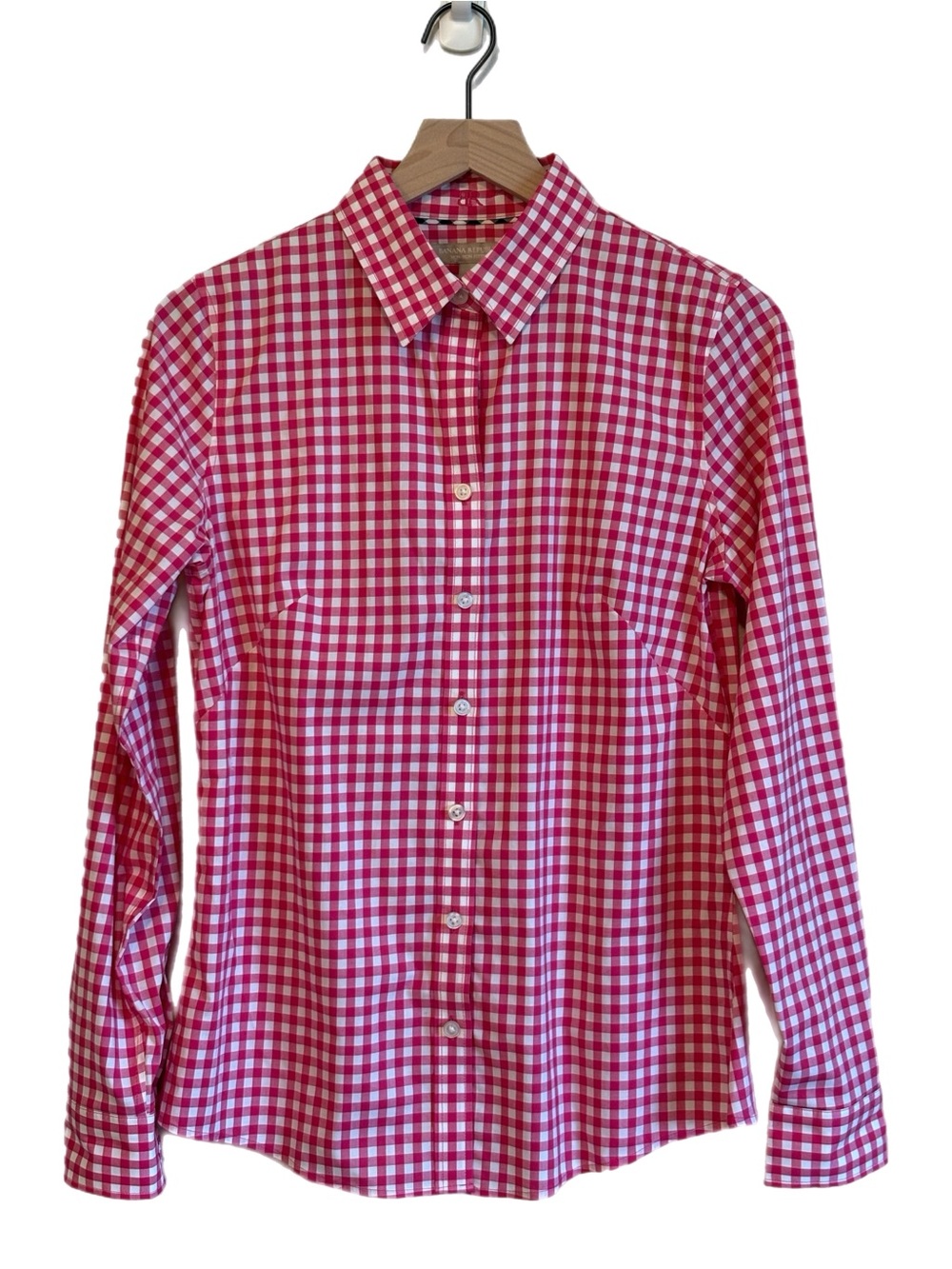 Banana Republic Fitted 8 Pink and White Gingham Non-Iron Button Down Shirt